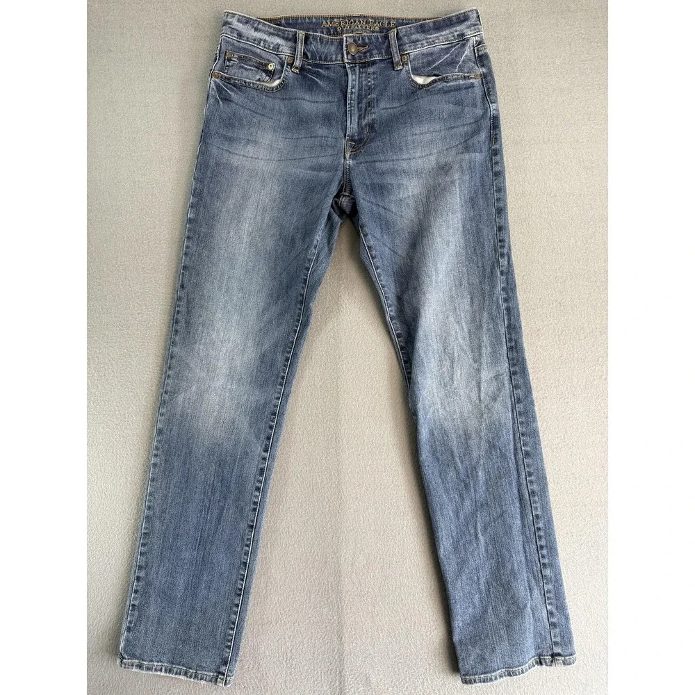 American Eagle Slim Straight Jeans Mens 33x34 Med Wash Blue Stretch Denim Casual